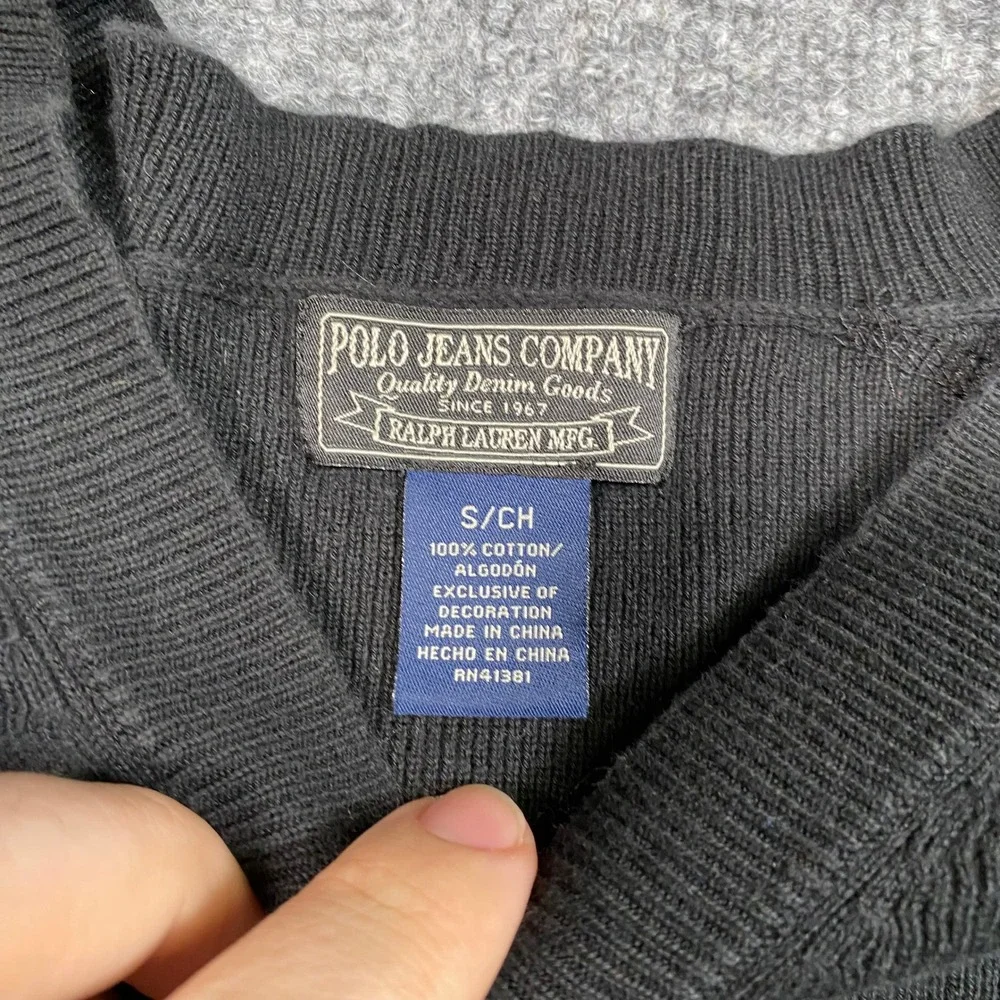 Polo Jeans Co Ralph Lauren Mens Black Ribbed V-Neck Cotton Sweater Small RL Logo